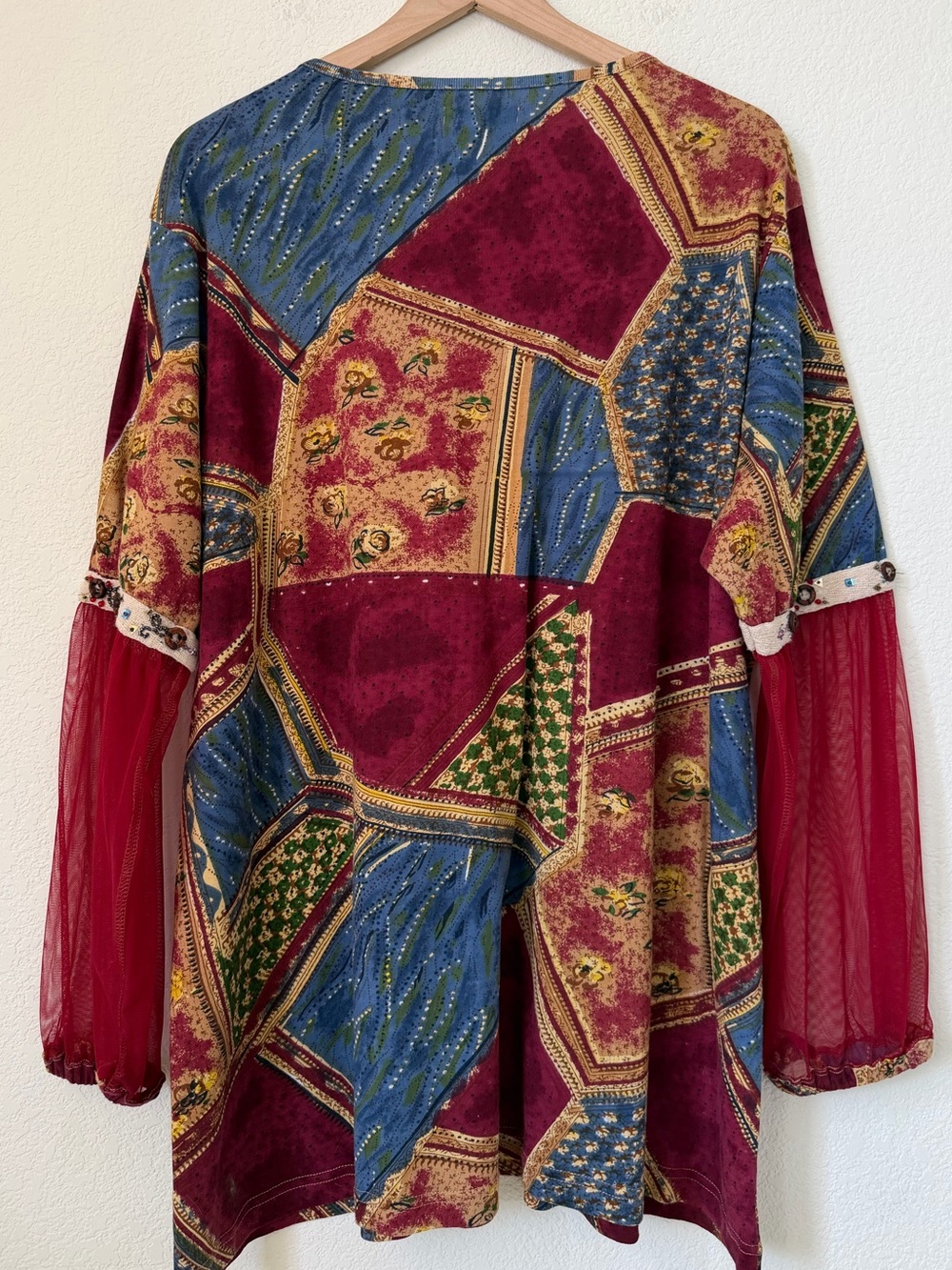 Ulla Popken Boho Patchwork Relaxed Fit V-Neck Tunic Burgundy Multi Size 20/22 - Picture 5 of 13